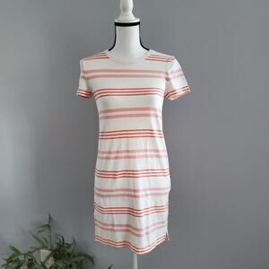 Lou & Grey Orange White Striped Linen Blend Short Sleeve Tee Dress XS